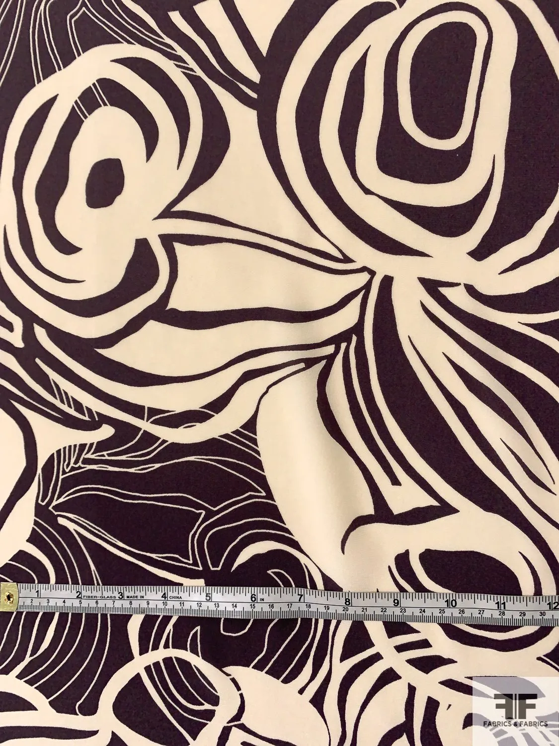 Abstract Circle Lines Printed Silk Crepe de Chine - Charcoal Plum / Ivory