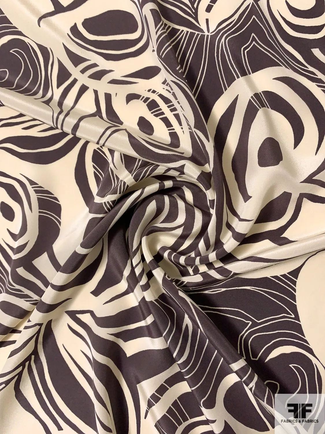 Abstract Circle Lines Printed Silk Crepe de Chine - Charcoal Plum / Ivory