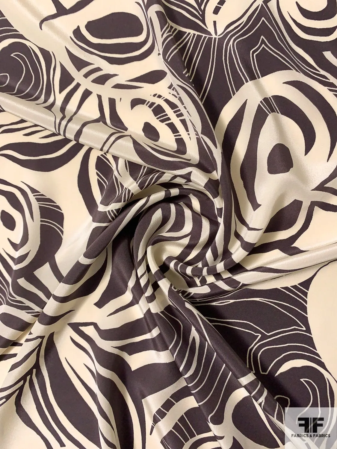 Abstract Circle Lines Printed Silk Crepe de Chine - Charcoal Plum / Ivory