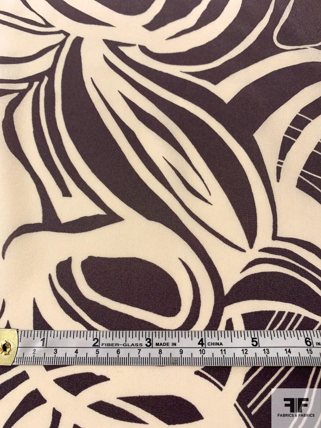 Abstract Circle Lines Printed Silk Crepe de Chine - Charcoal Plum / Ivory