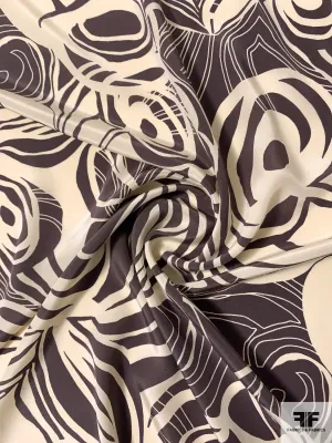 Abstract Circle Lines Printed Silk Crepe de Chine - Charcoal Plum / Ivory