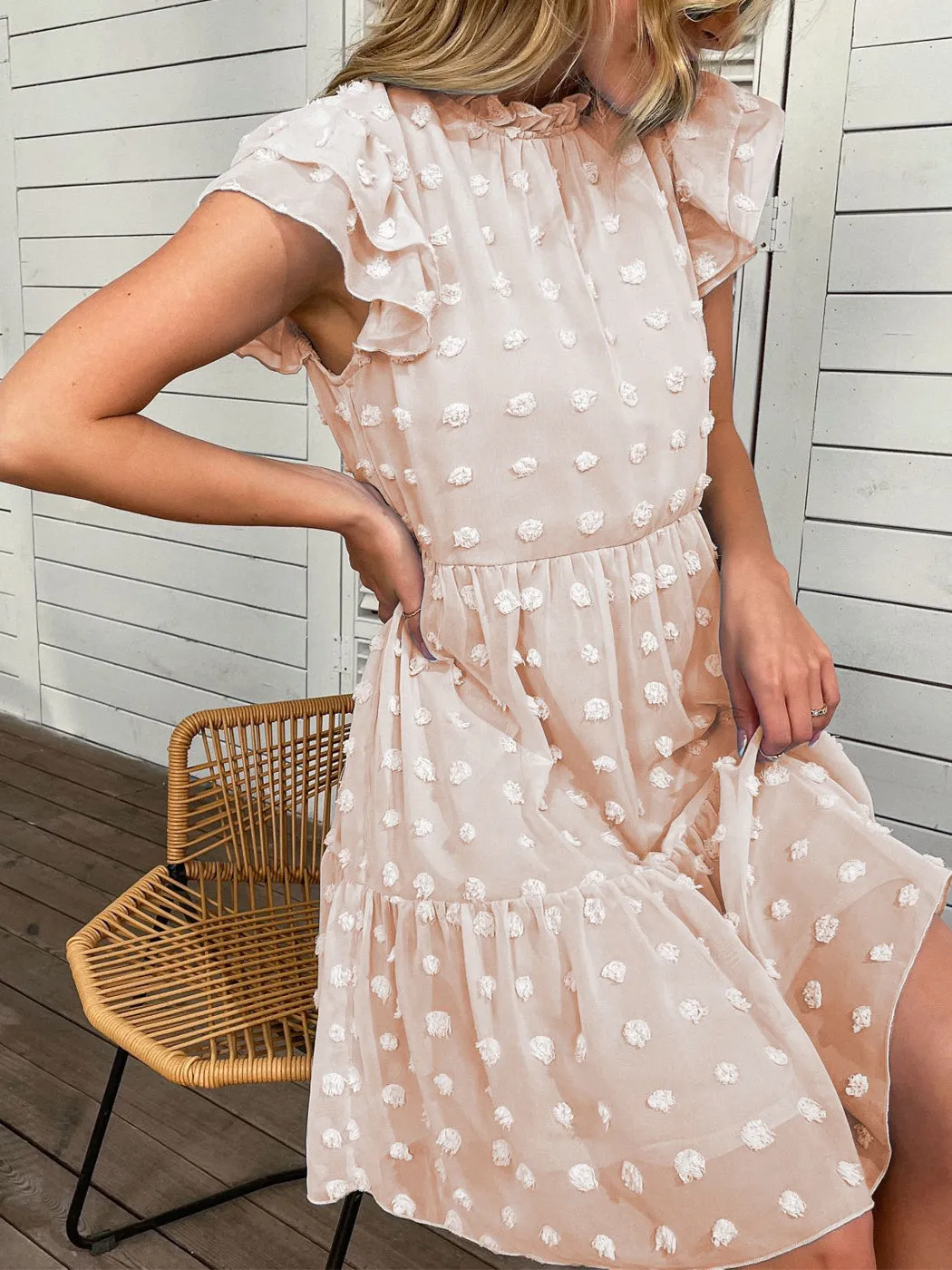 Anna-Kaci Women's Summer Casual Swiss Dot High Neck Short Sleeve Ruffle Loose Flowy Tunic Mini Dress