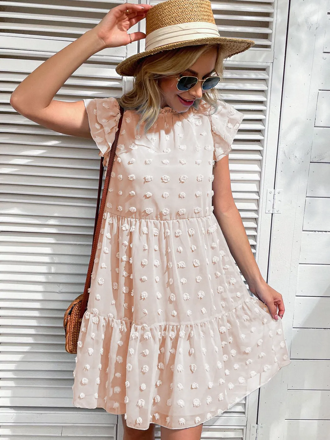 Anna-Kaci Women's Summer Casual Swiss Dot High Neck Short Sleeve Ruffle Loose Flowy Tunic Mini Dress