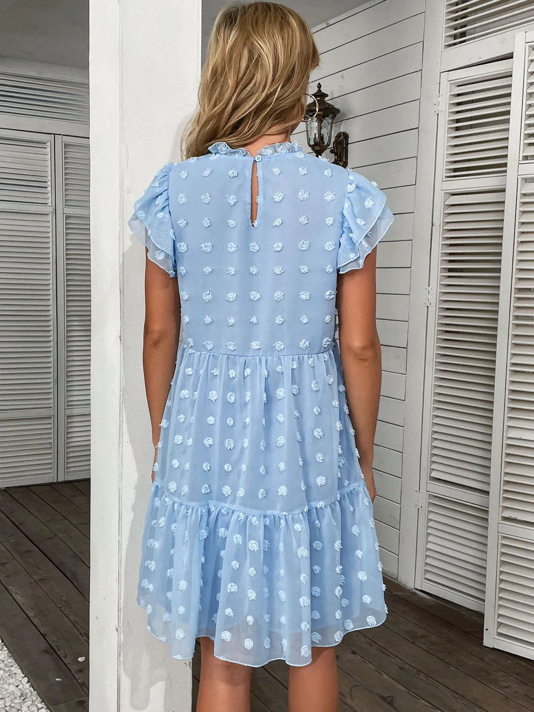 Anna-Kaci Women's Summer Casual Swiss Dot High Neck Short Sleeve Ruffle Loose Flowy Tunic Mini Dress