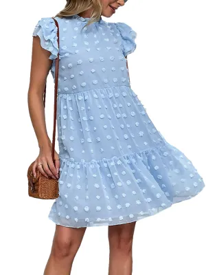 Anna-Kaci Women's Summer Casual Swiss Dot High Neck Short Sleeve Ruffle Loose Flowy Tunic Mini Dress