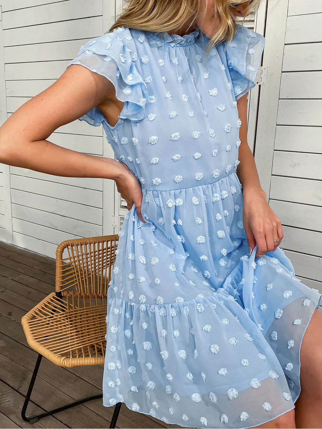 Anna-Kaci Women's Summer Casual Swiss Dot High Neck Short Sleeve Ruffle Loose Flowy Tunic Mini Dress