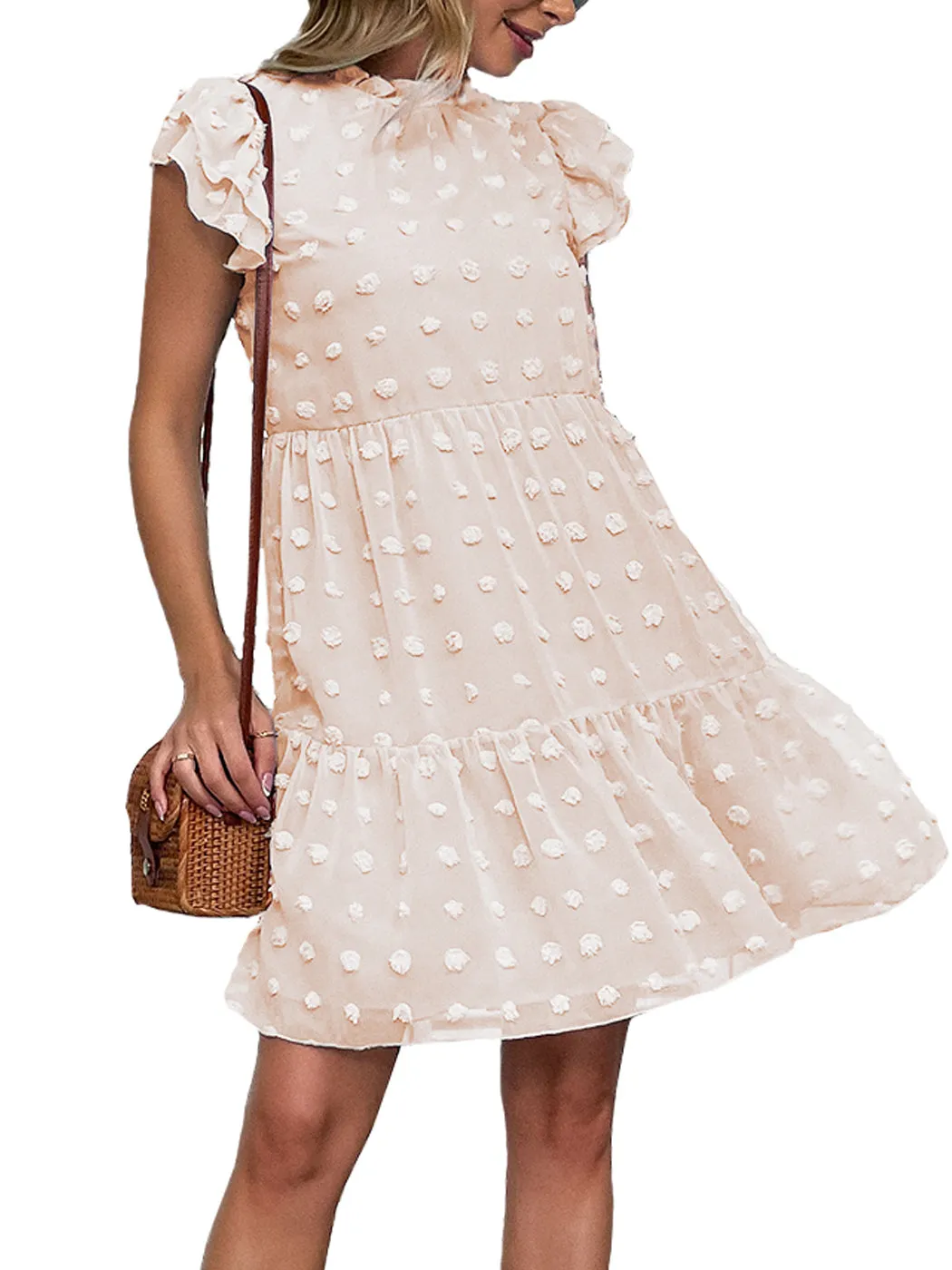 Anna-Kaci Women's Summer Casual Swiss Dot High Neck Short Sleeve Ruffle Loose Flowy Tunic Mini Dress