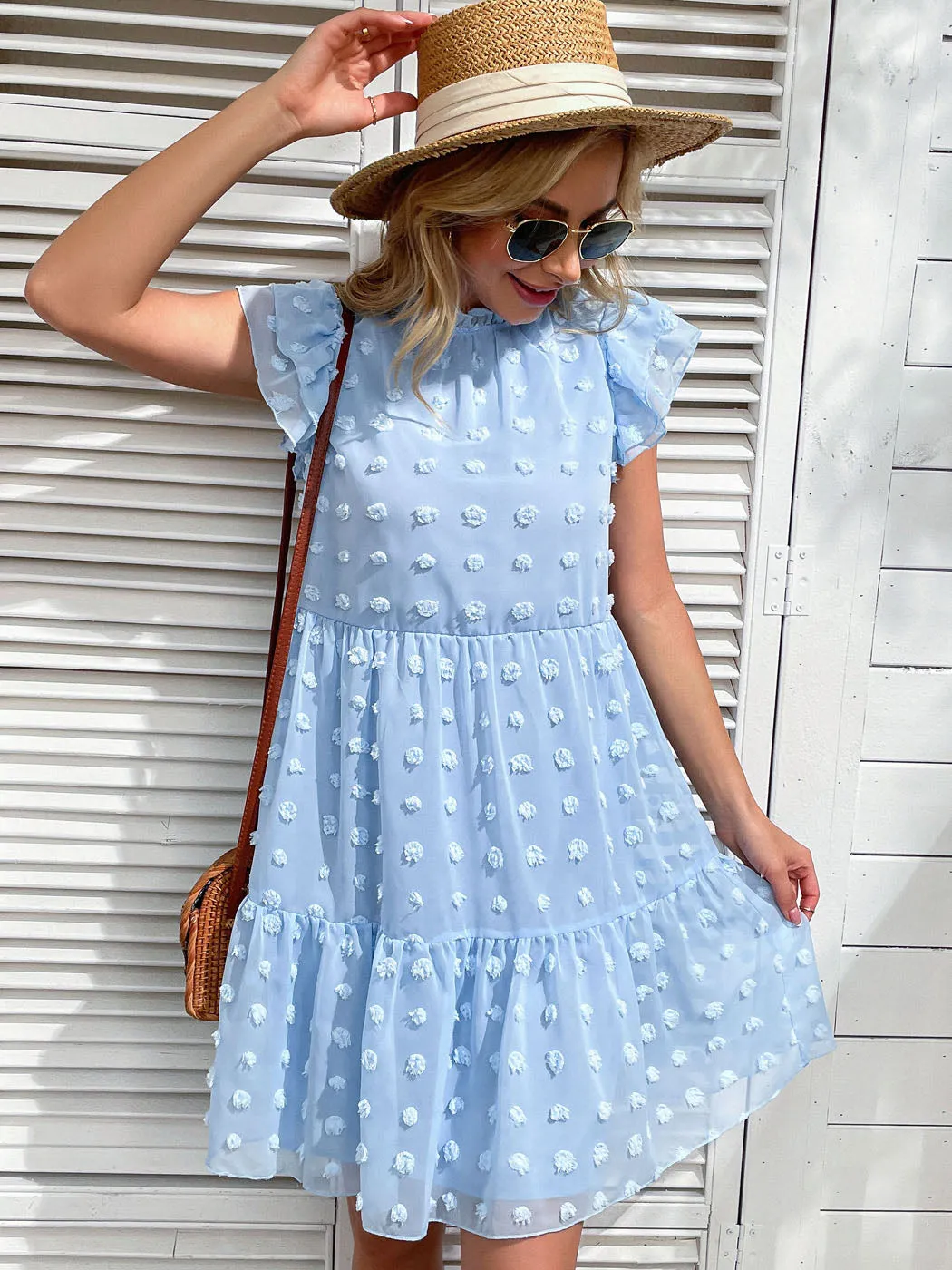Anna-Kaci Women's Summer Casual Swiss Dot High Neck Short Sleeve Ruffle Loose Flowy Tunic Mini Dress