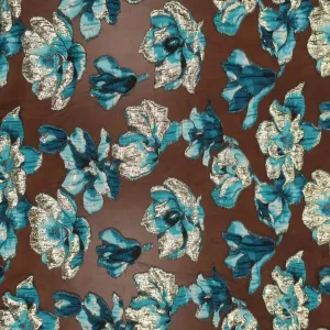 Aqua and Gold Florals on Black Organza Brocade Fabric