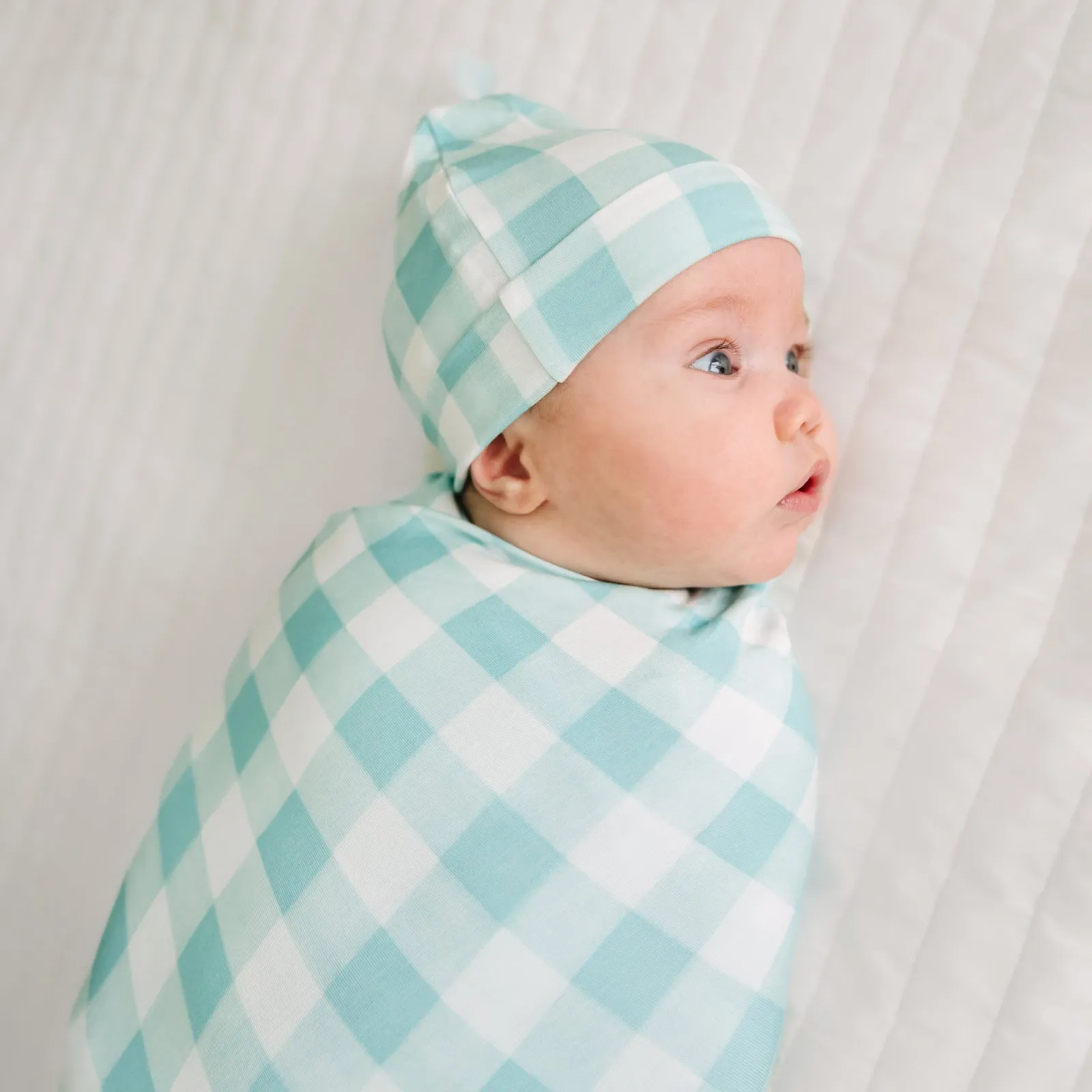 Aqua Gingham Swaddle & Hat Set