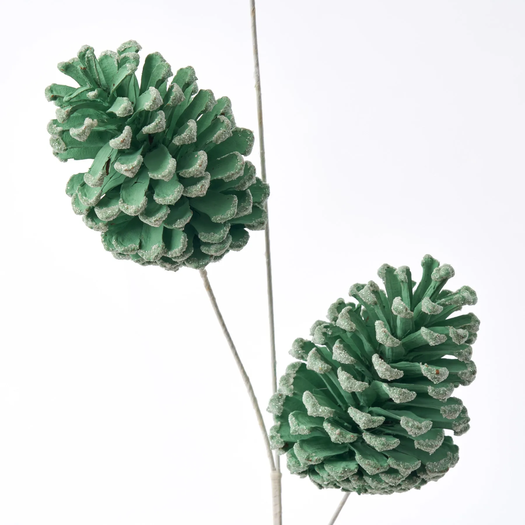 Aqua Green Pinecone with Frosted Glitter Tips on Stem