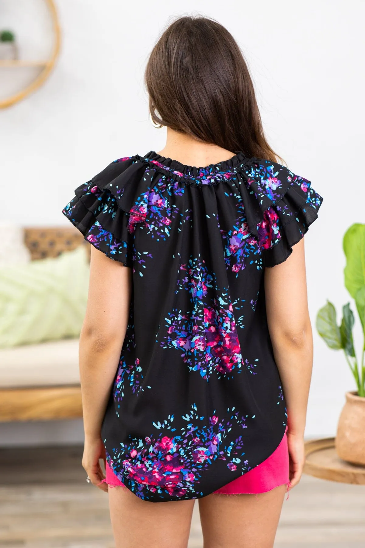 Black and Fuchsia Floral Ruffle Sleeve Top
