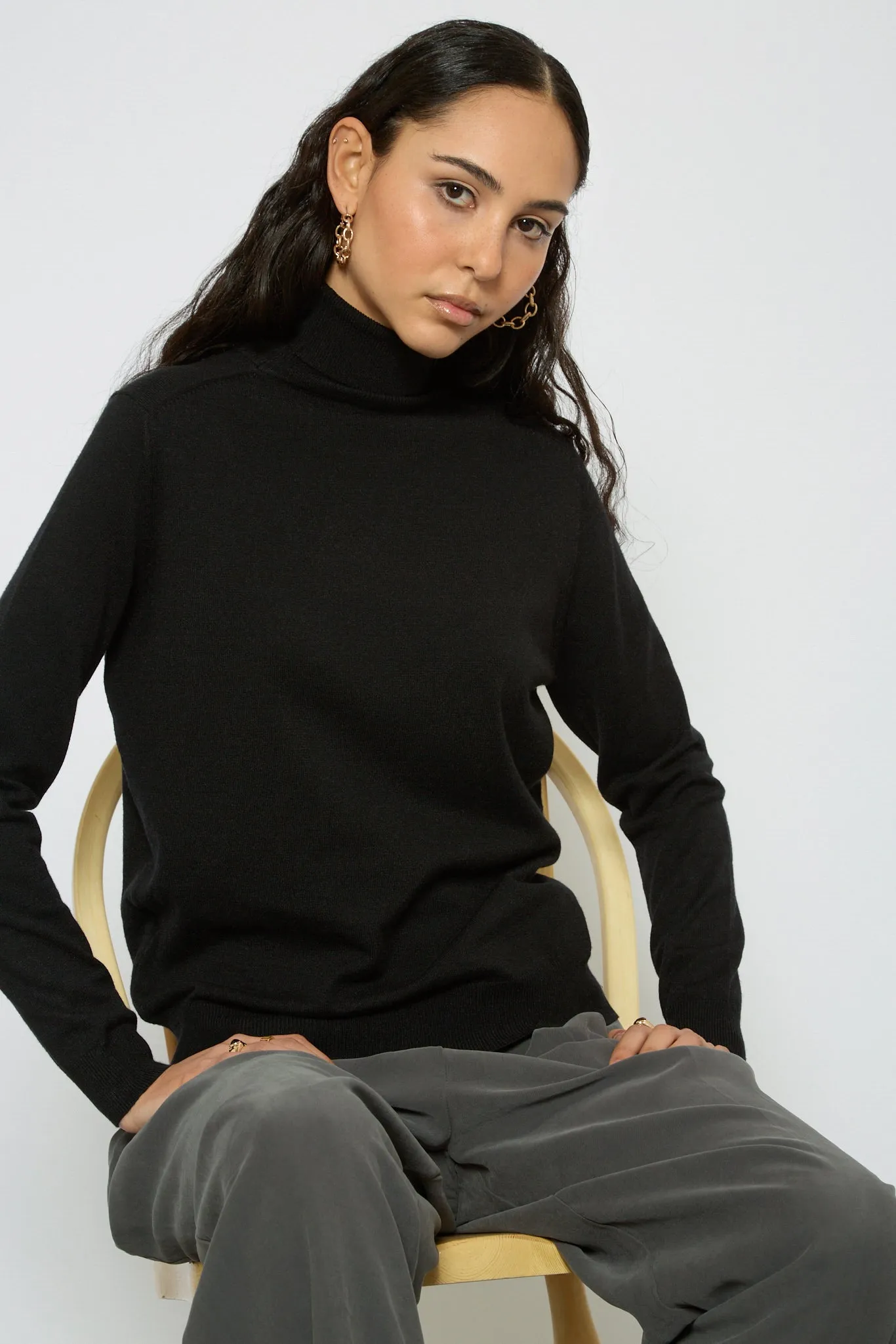 Black semi sheer thin knit turtleneck