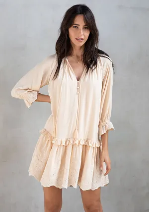 Bohemian Ruffled Embroidered Drop Waist Mini Dress