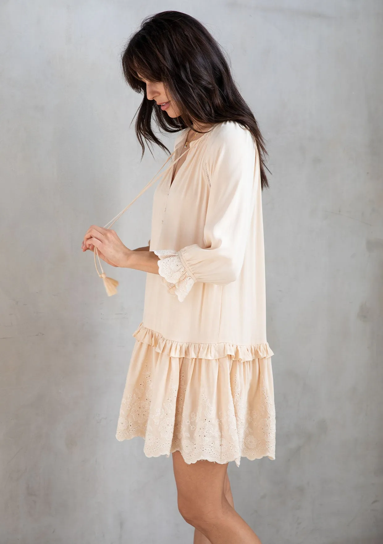 Bohemian Ruffled Embroidered Drop Waist Mini Dress
