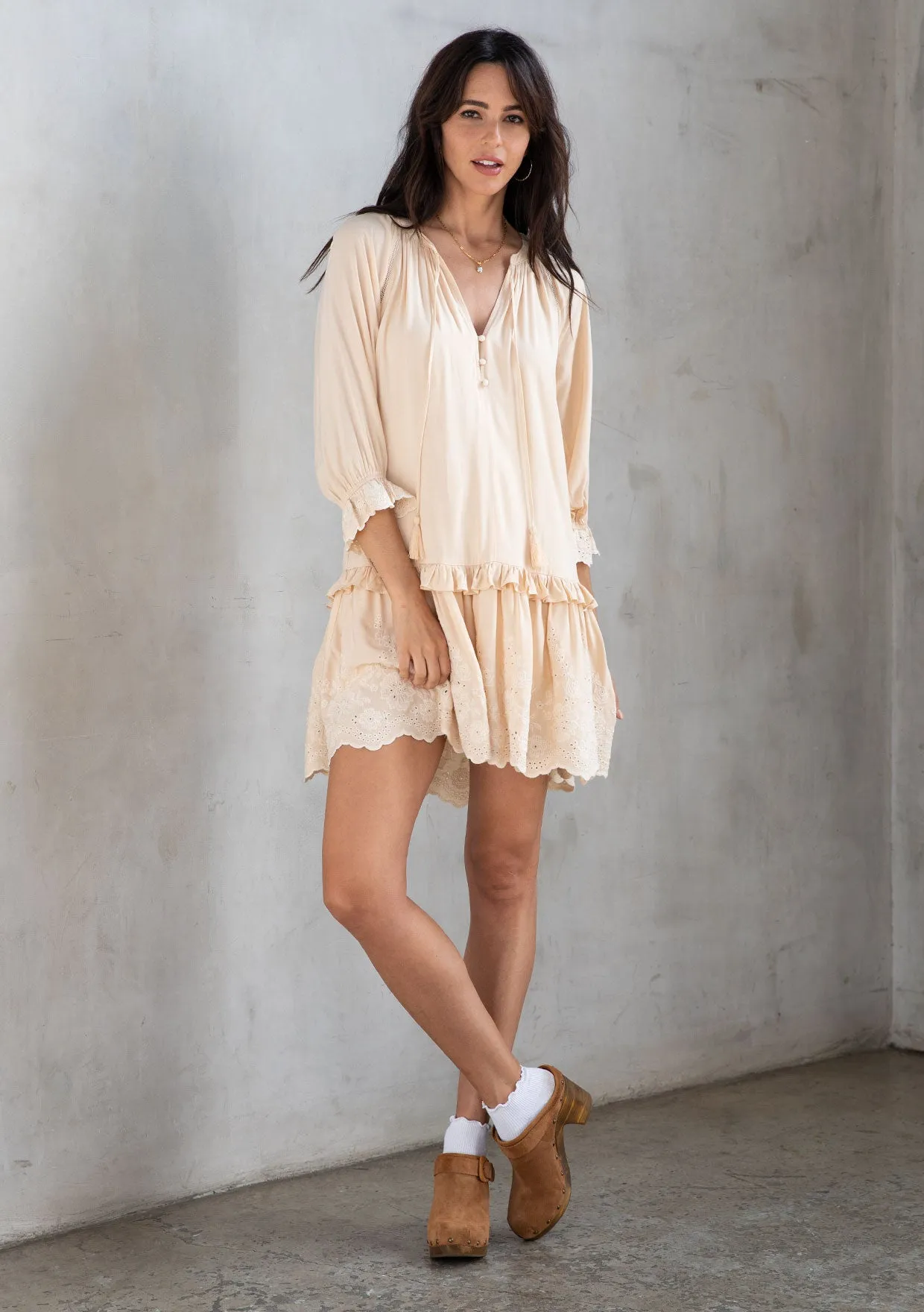 Bohemian Ruffled Embroidered Drop Waist Mini Dress