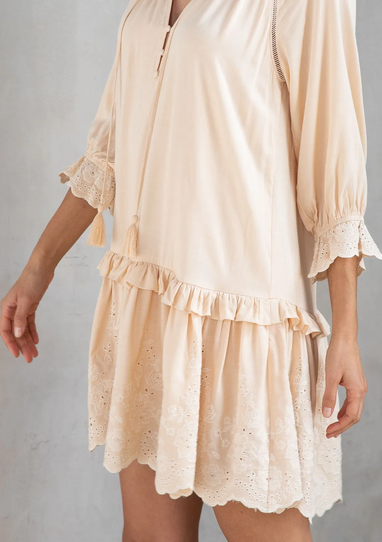 Bohemian Ruffled Embroidered Drop Waist Mini Dress