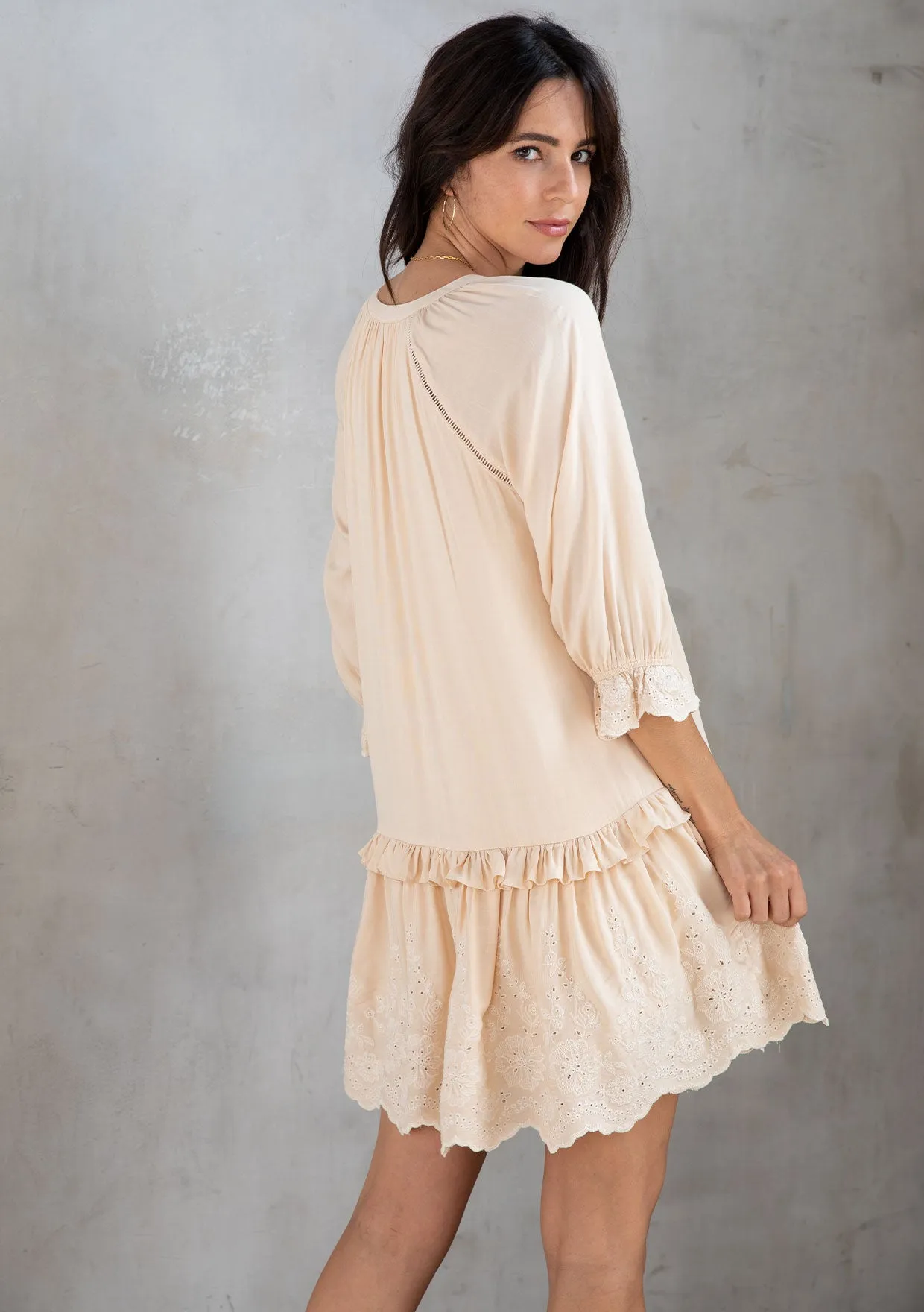 Bohemian Ruffled Embroidered Drop Waist Mini Dress