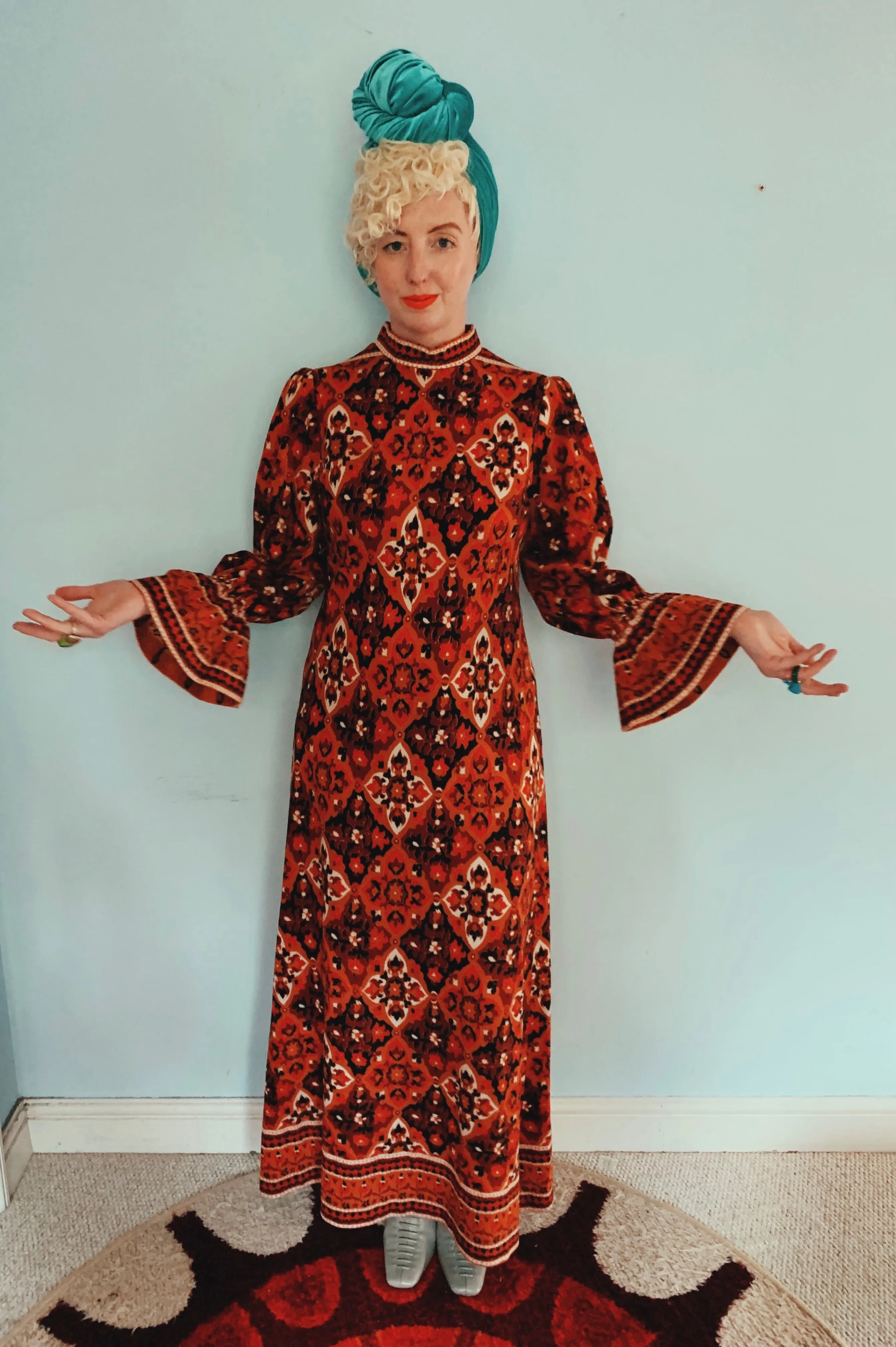 Brown and red 70s print long sleeve maxi dress