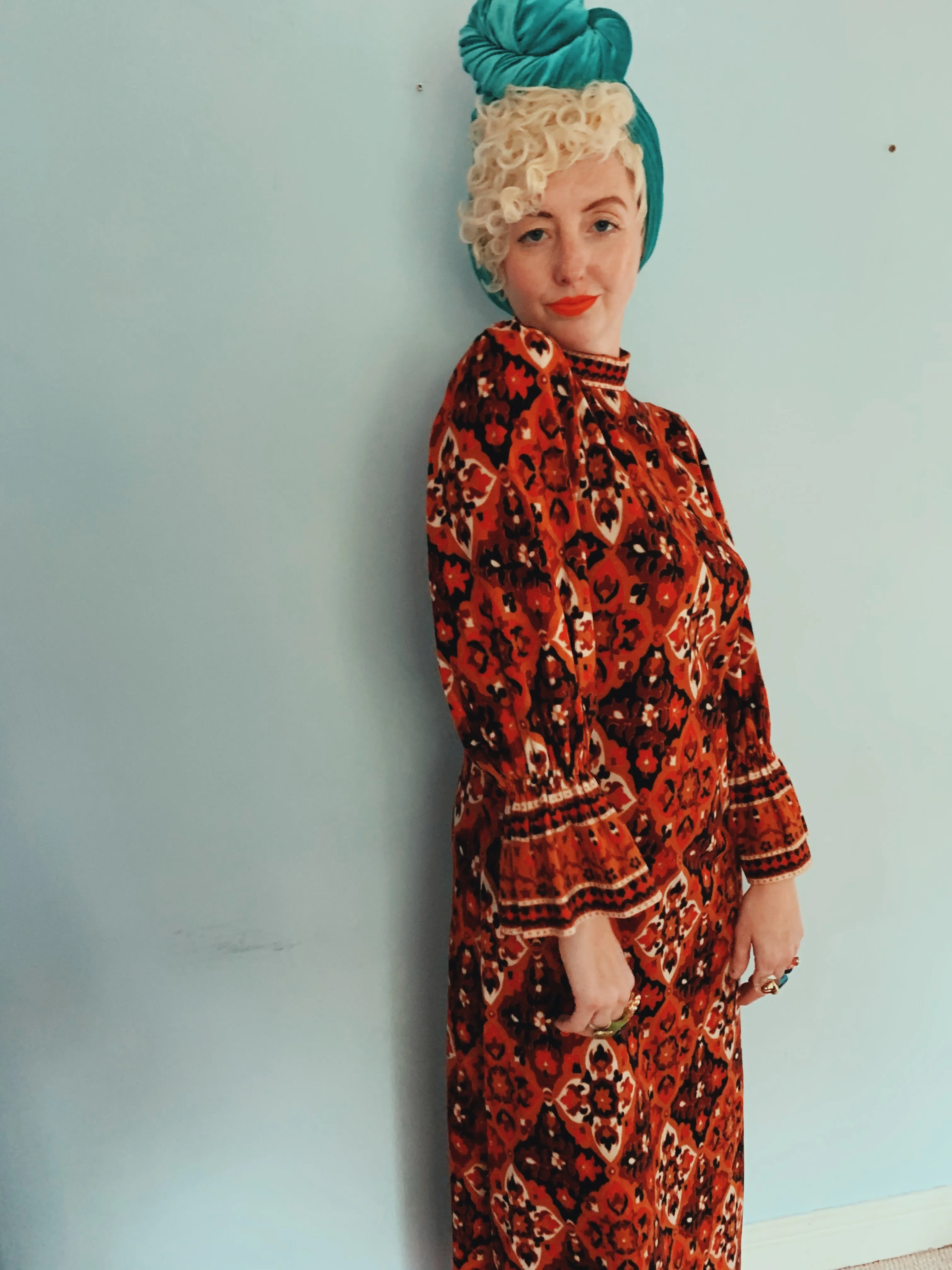Brown and red 70s print long sleeve maxi dress