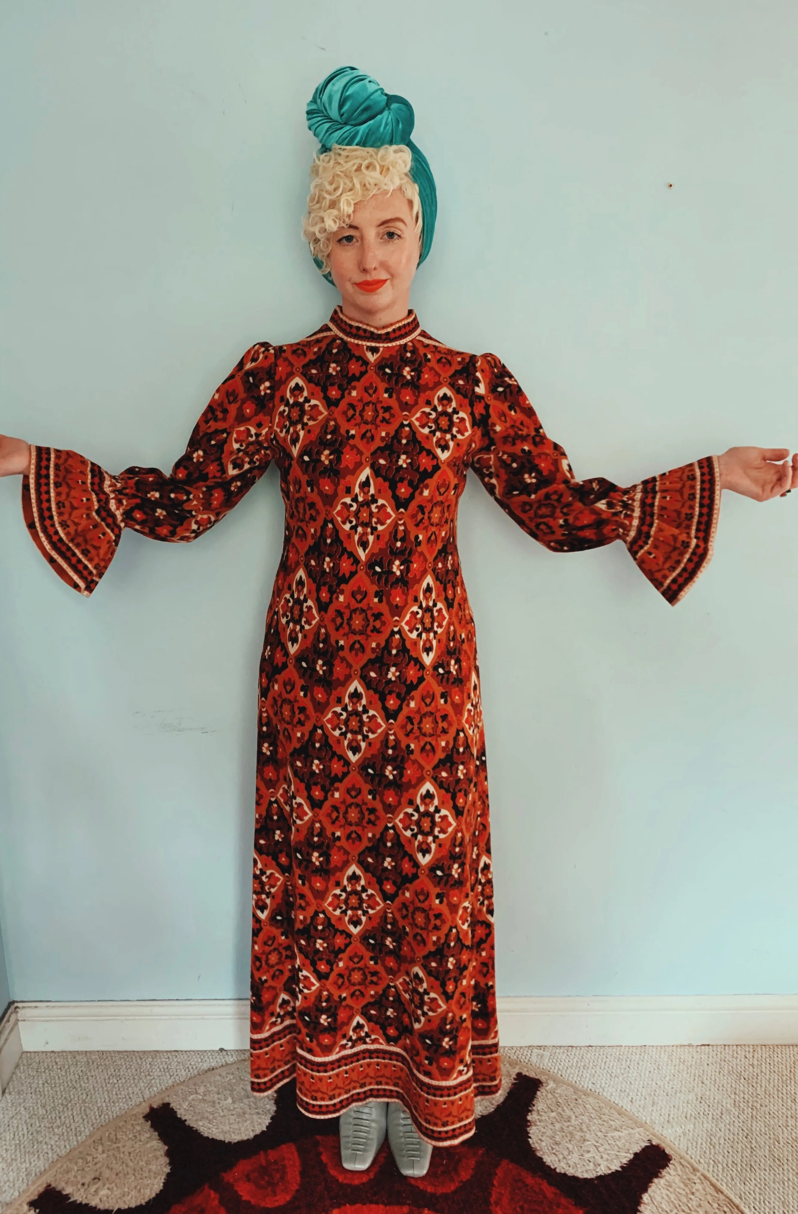 Brown and red 70s print long sleeve maxi dress