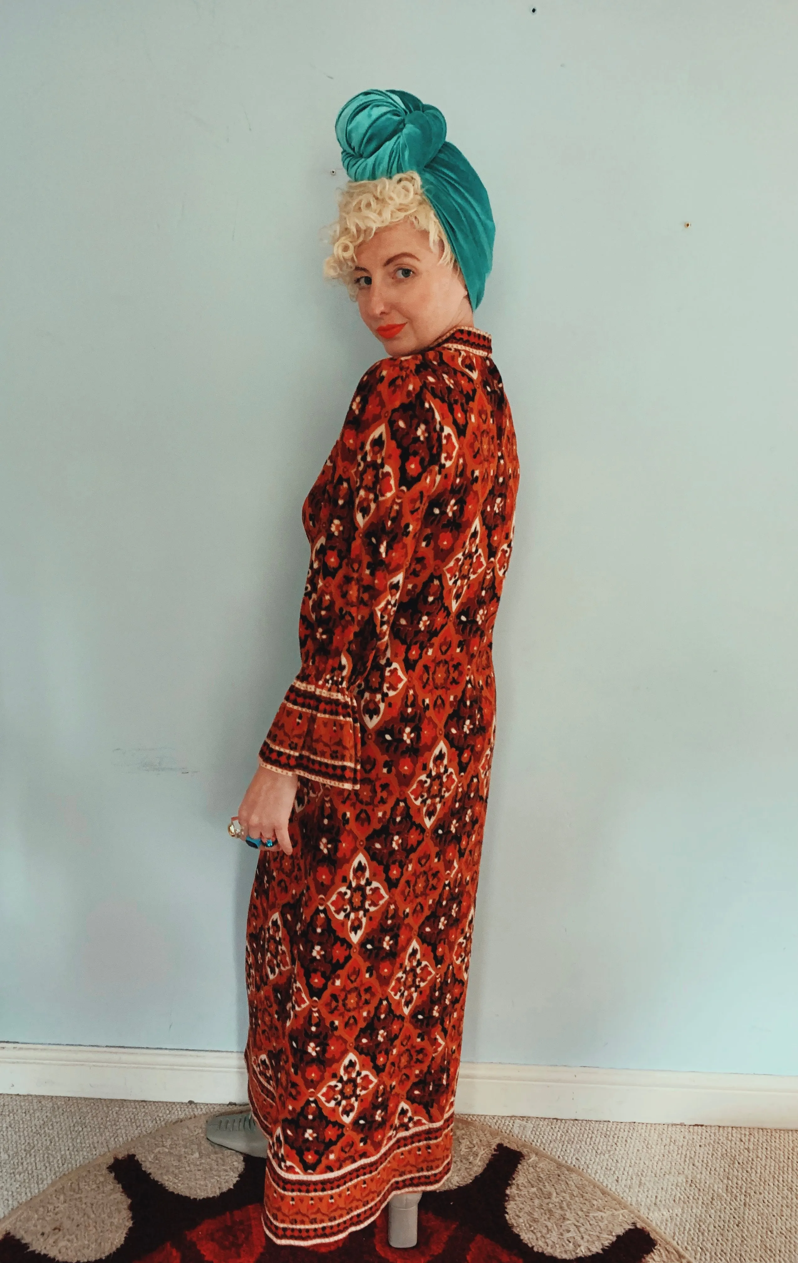 Brown and red 70s print long sleeve maxi dress