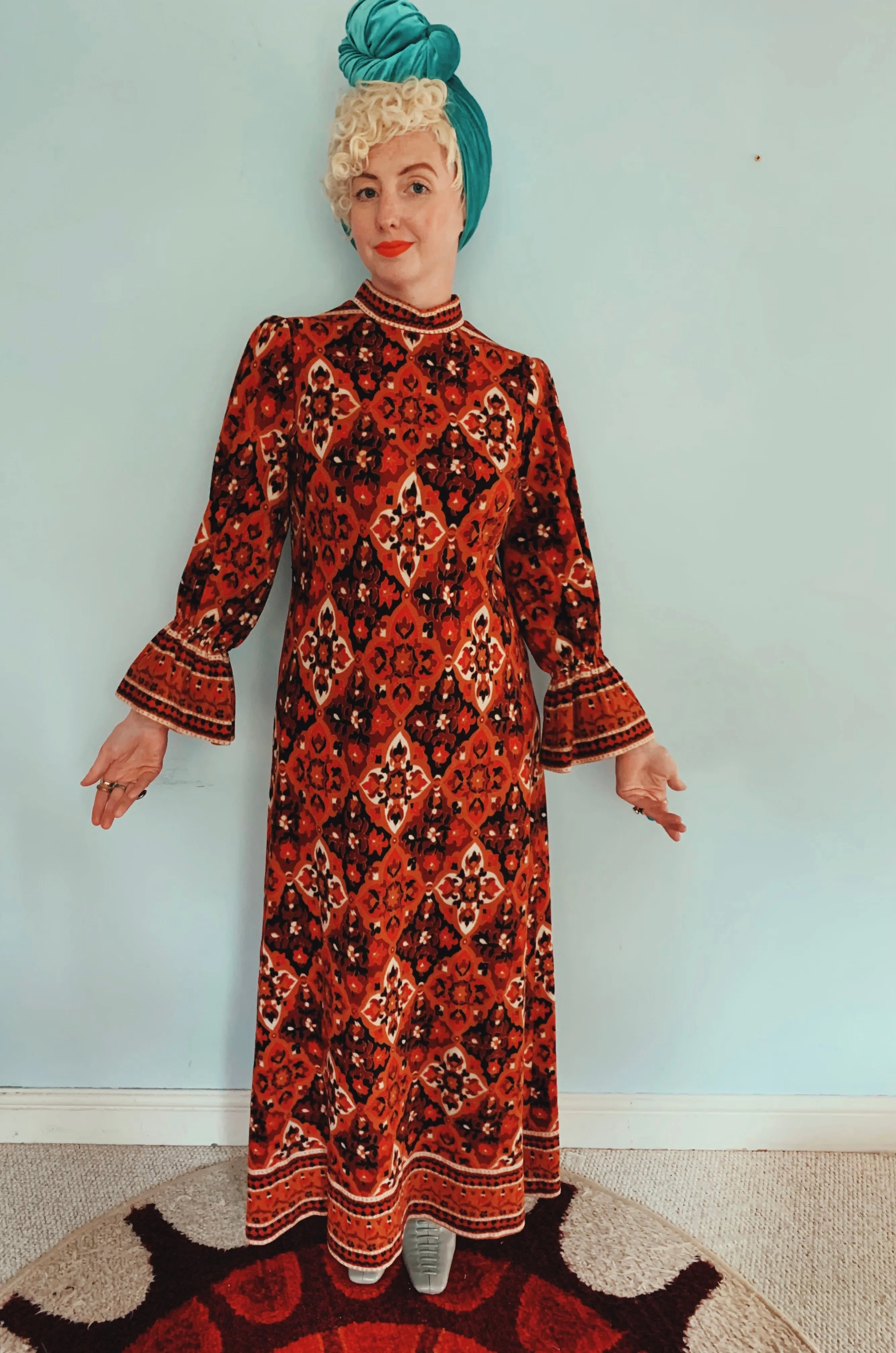 Brown and red 70s print long sleeve maxi dress
