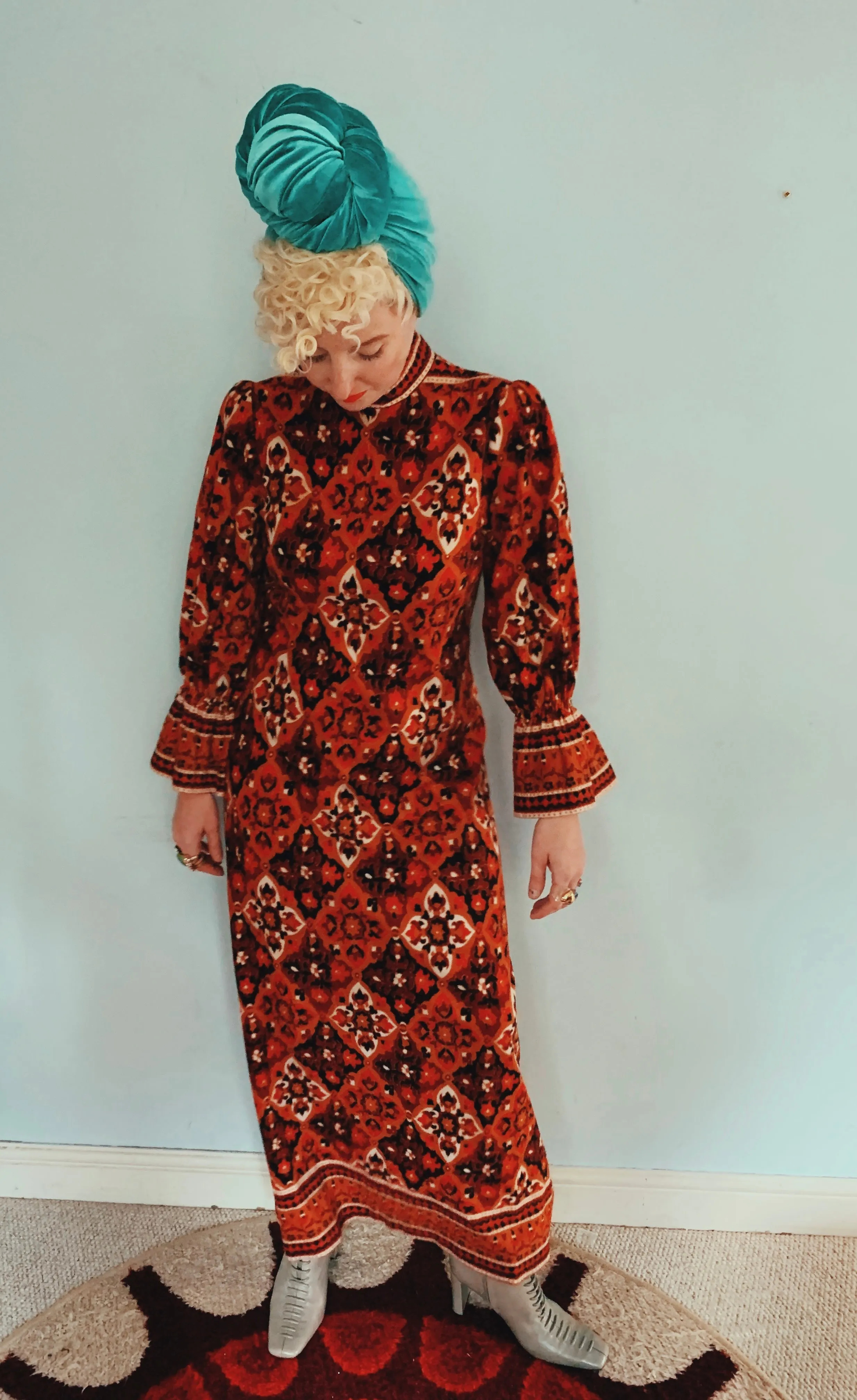 Brown and red 70s print long sleeve maxi dress