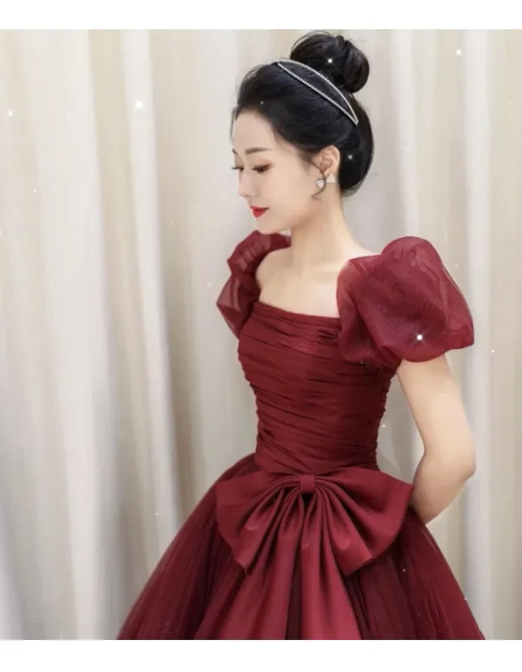 Burgundy Bridal Dress Puff Sleeve Long Princess Dress Stage Performance Birthday Puffy Evening Dress