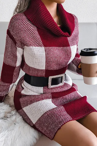 Casual & Stylish Plaid Split Joint Contrast Turtleneck Pencil Skirt Dresses Sweater (without Belt)