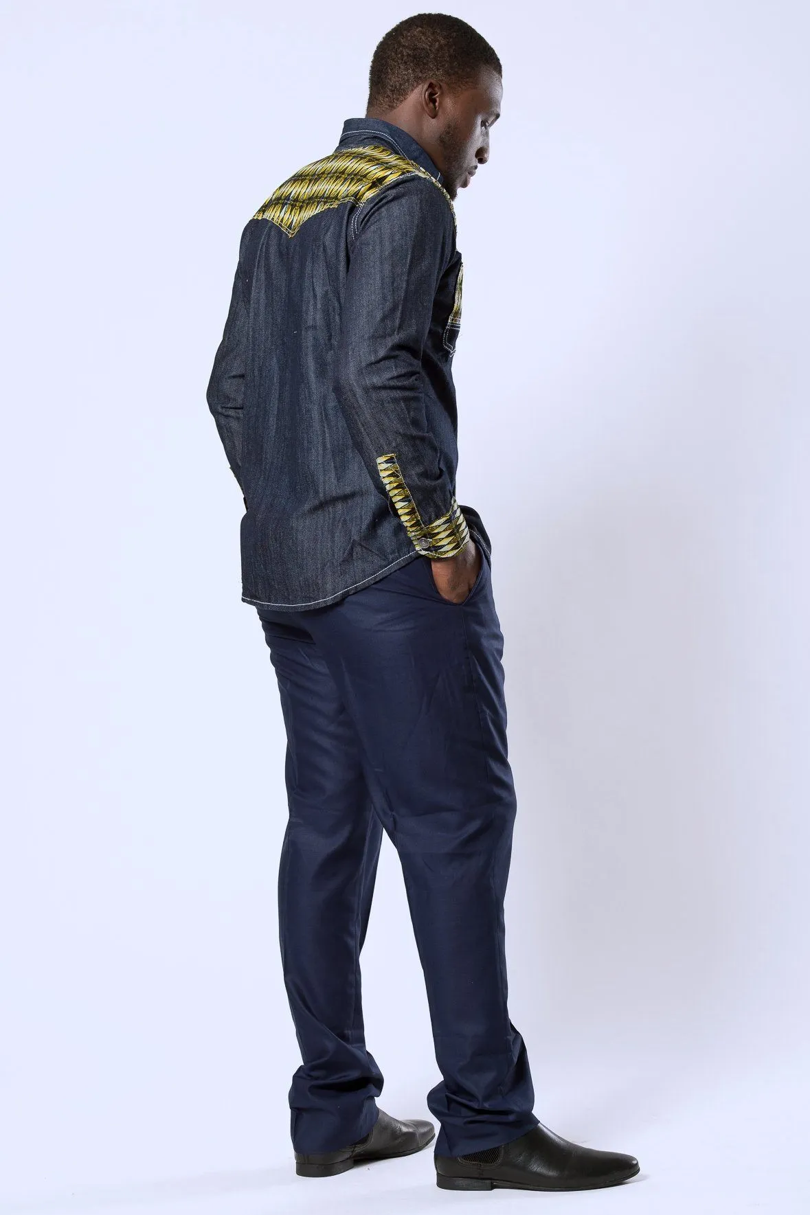 Desta African Print Denim Jeans Long Sleeve Men's Shirt (Yellow)