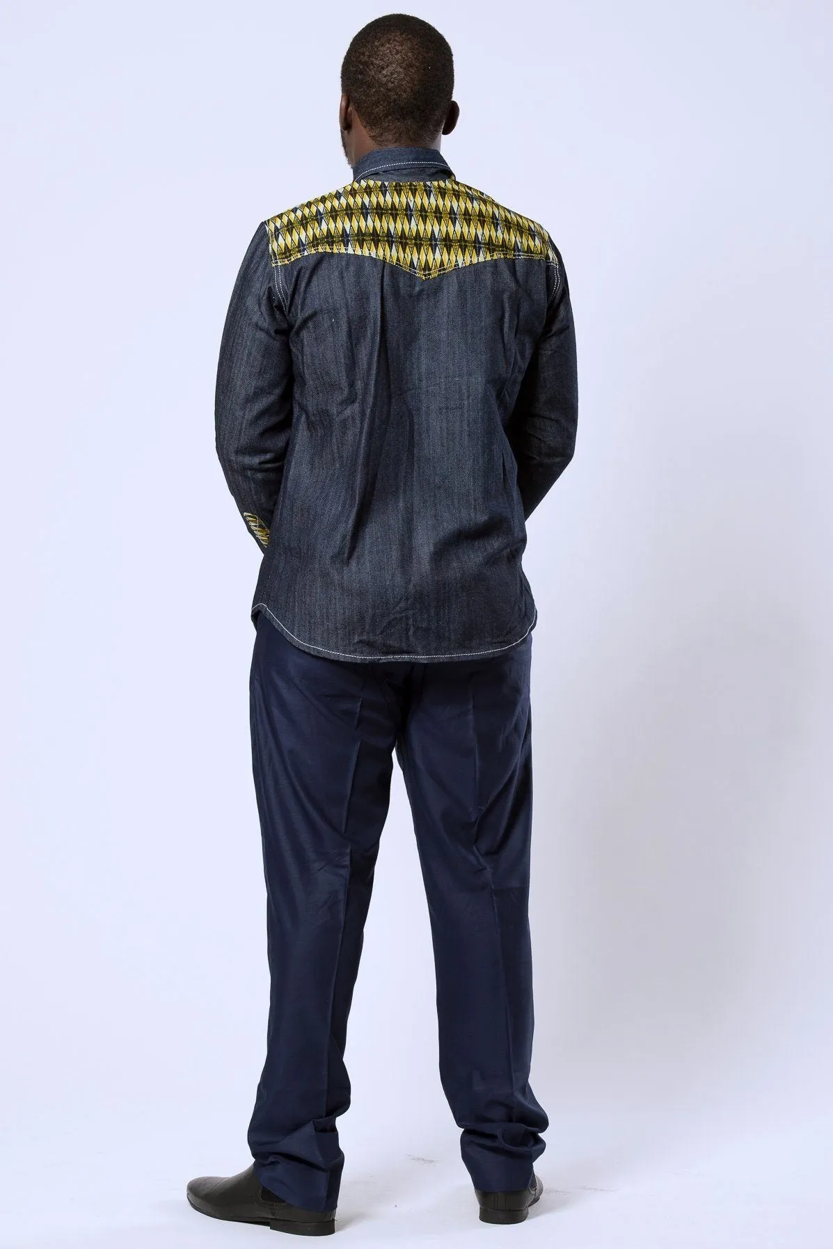 Desta African Print Denim Jeans Long Sleeve Men's Shirt (Yellow)