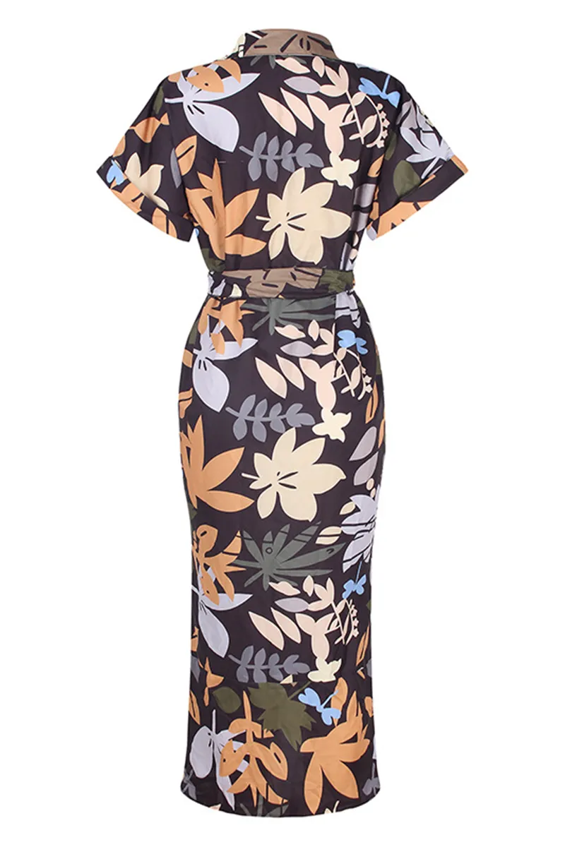 Elegant & Stylish Print Frenulum Buckle Turndown Collar Pencil Skirt Dresses(7 Colors)