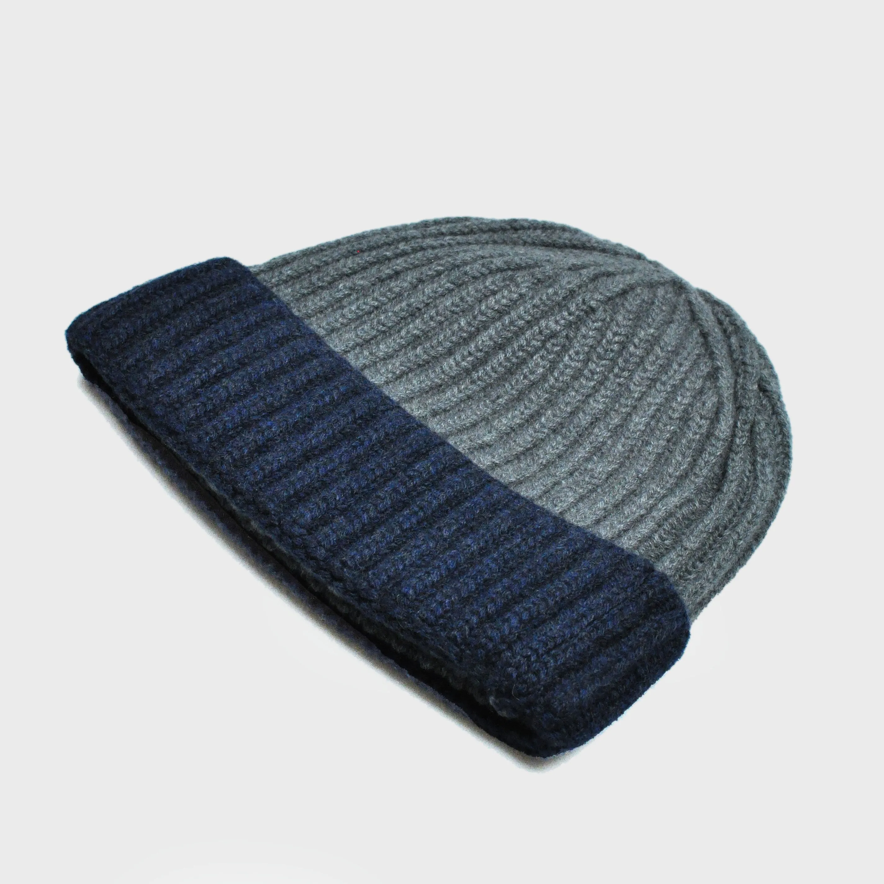 Four Ply Cashmere Winter Beanie in Grey & Navy