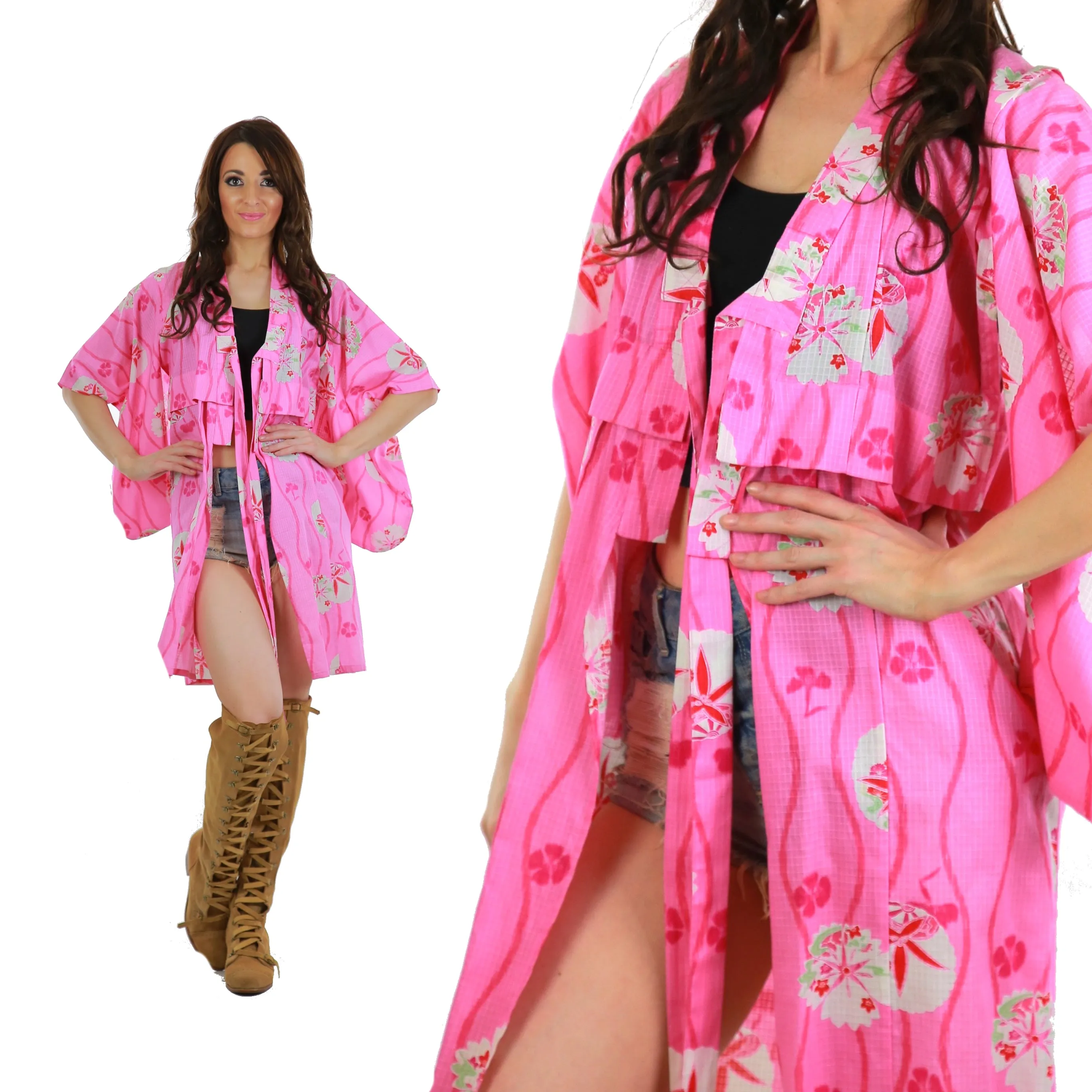 Genuine Asian kimono robe pink floral cotton hppie boho festival wrap jacket M