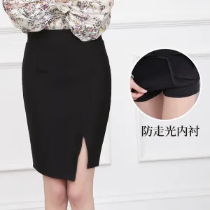 Hip Flattering  OL Skirt Anti-Exposed Splitted Women High Waist Stretchable Plus Size Niche Black Mid Length Skirt
