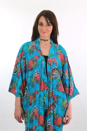 Japanese Ethnic blue floral long kimono robe