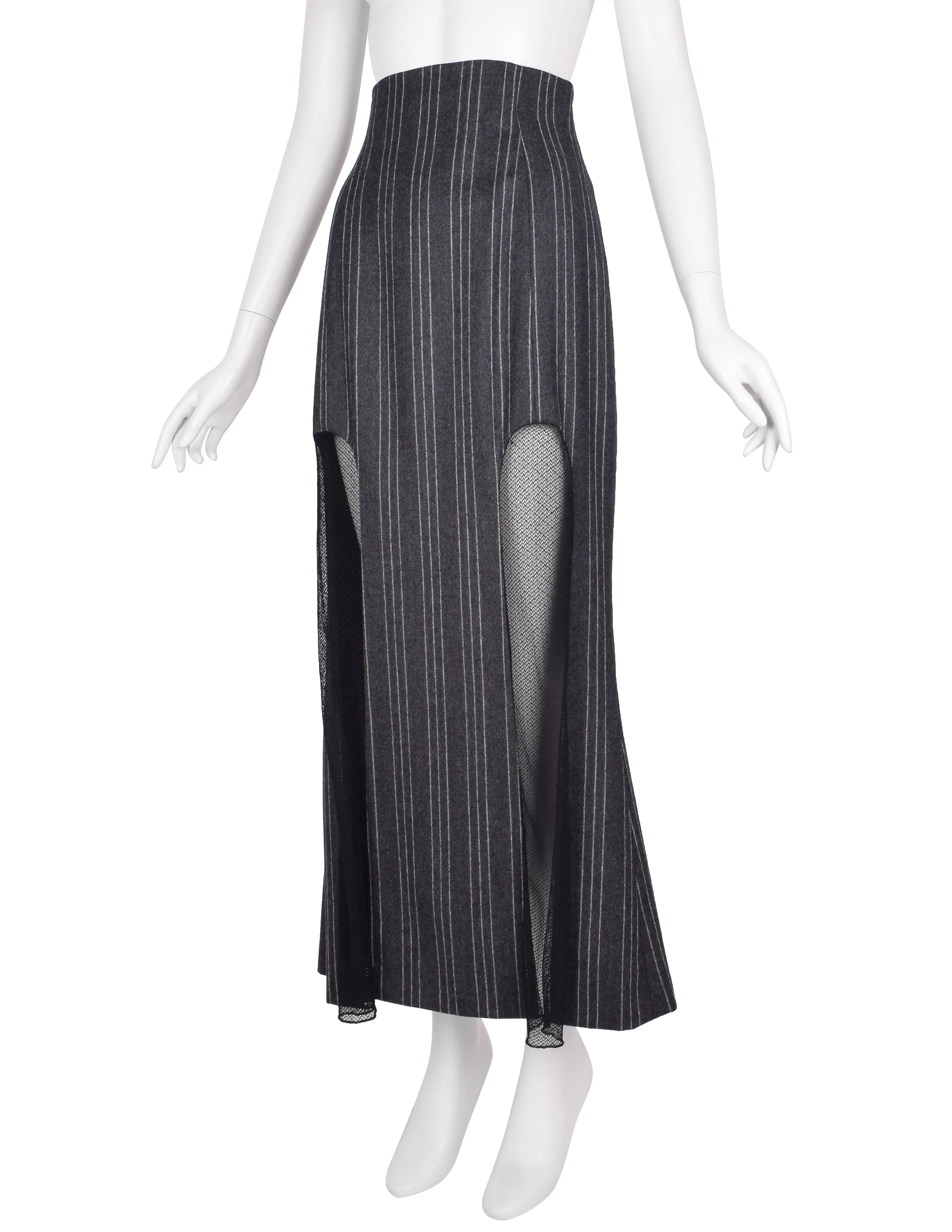 Karl Lagerfeld Vintage AW 1993 Grey Pinstripe Wool Mesh Panel Skirt