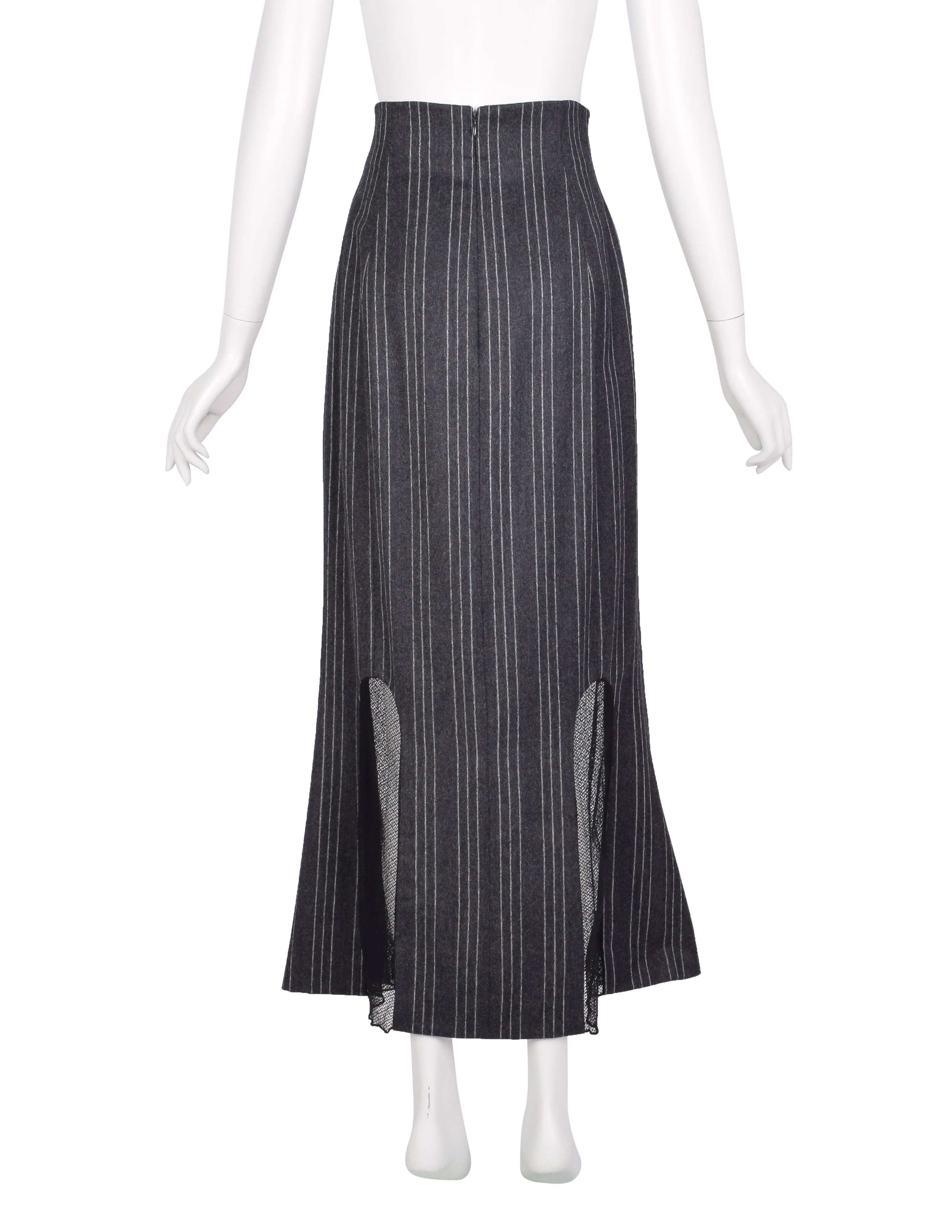 Karl Lagerfeld Vintage AW 1993 Grey Pinstripe Wool Mesh Panel Skirt