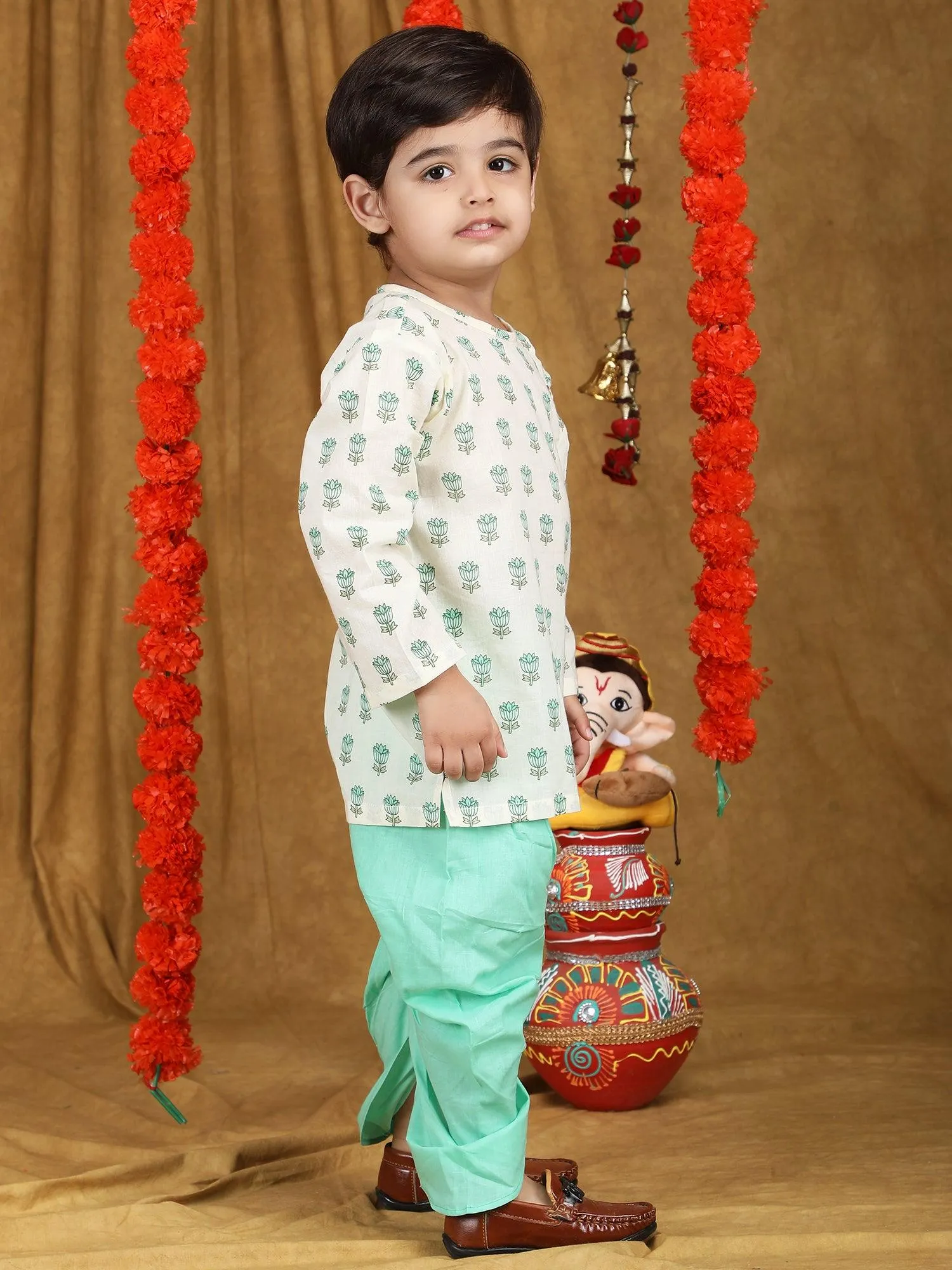 Polka Tots Full Sleeve Floral print Angrakha Top With Dhoti - Aqua