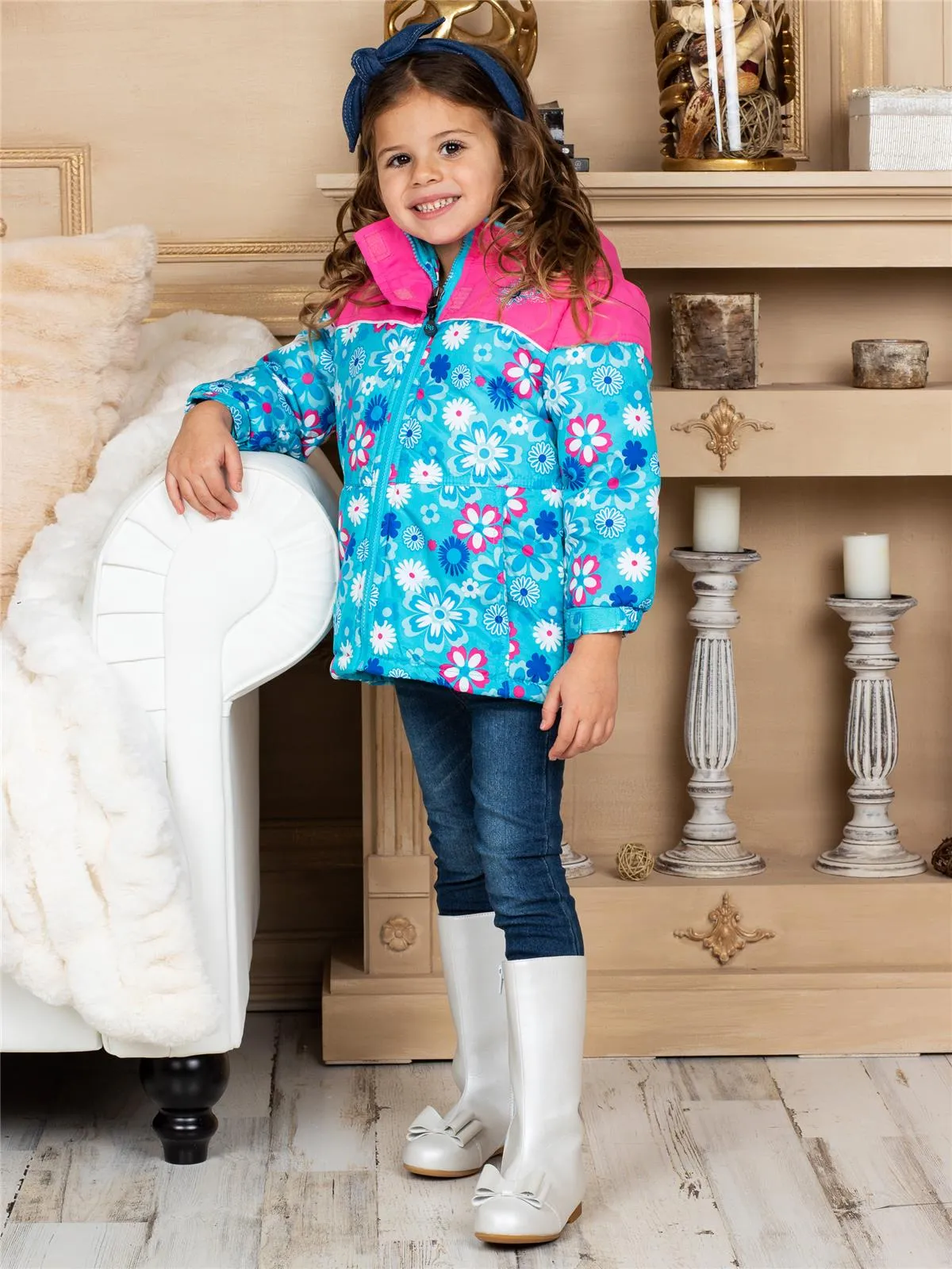 Rugged Bear Little Girls' Floral Printed Puffer Coat/Jacket