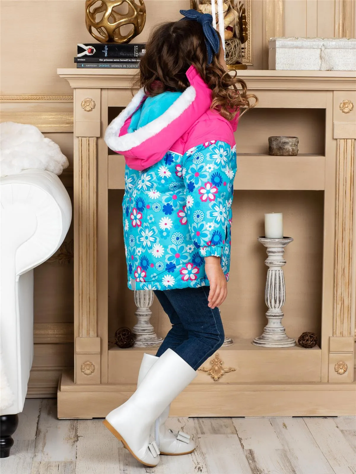 Rugged Bear Little Girls' Floral Printed Puffer Coat/Jacket
