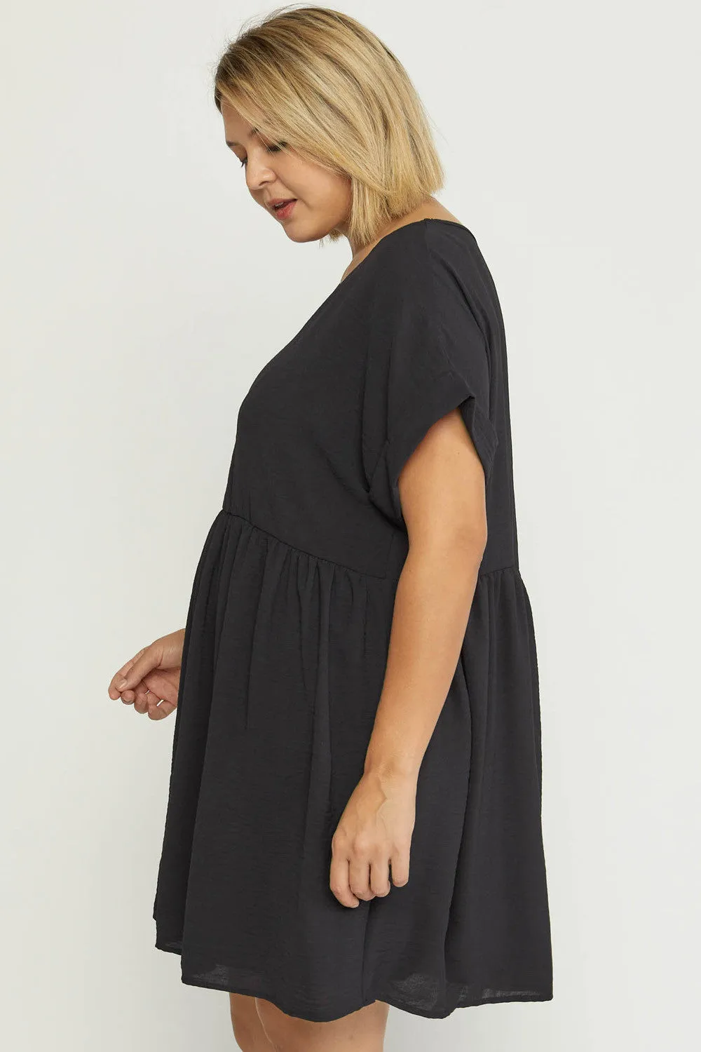 Solid Rolled Sleeve Basic Babydoll Dress in Plus Size by Entro Clothing