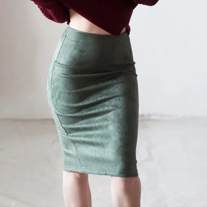 Suede Midi Pencil Elastic High Waist Skirt