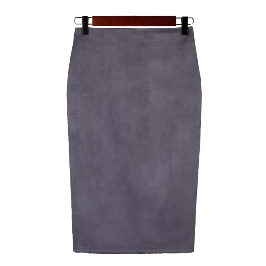 Suede Midi Pencil Elastic High Waist Skirt
