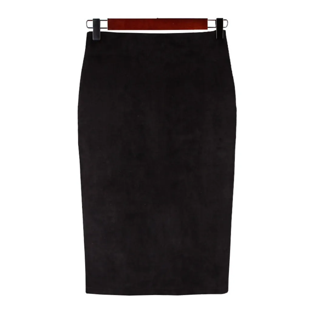 Suede Midi Pencil Elastic High Waist Skirt