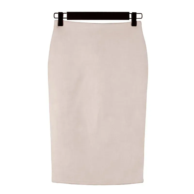 Suede Midi Pencil Elastic High Waist Skirt