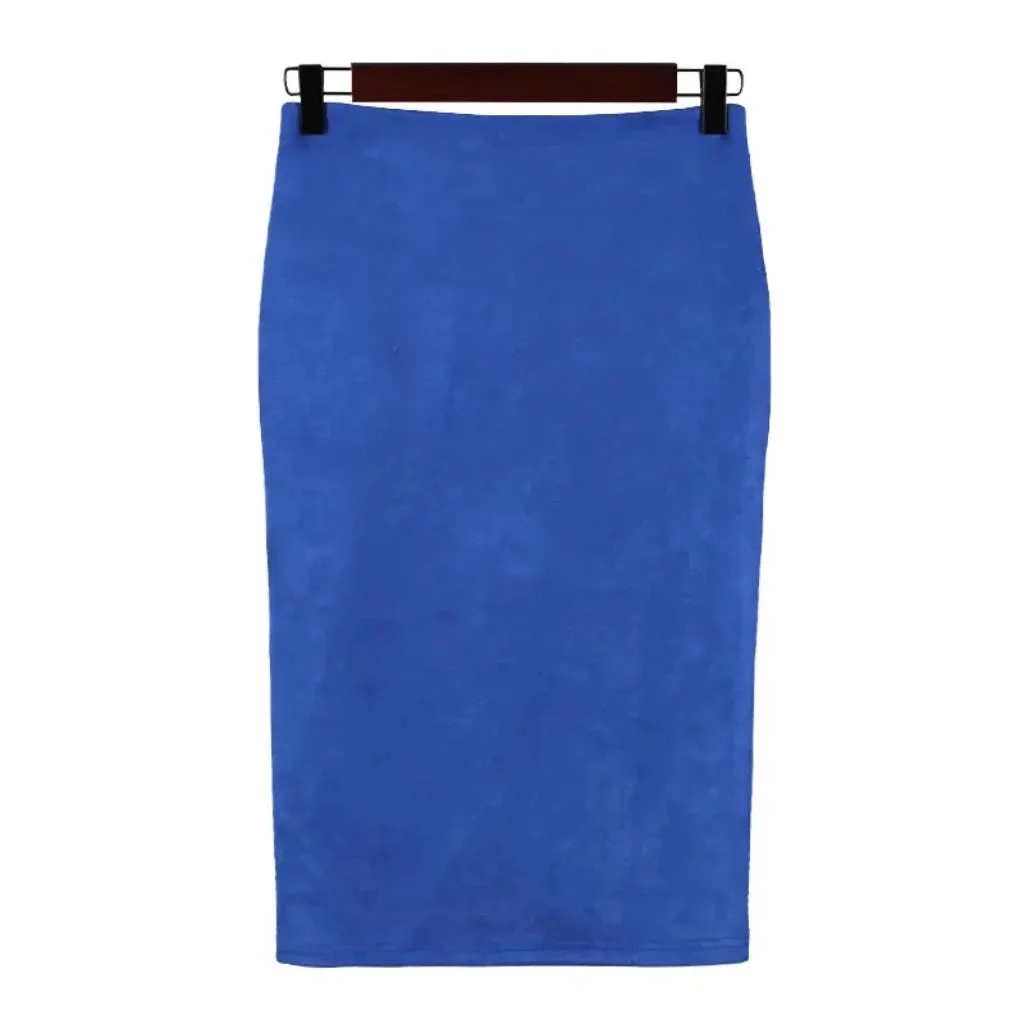 Suede Midi Pencil Elastic High Waist Skirt