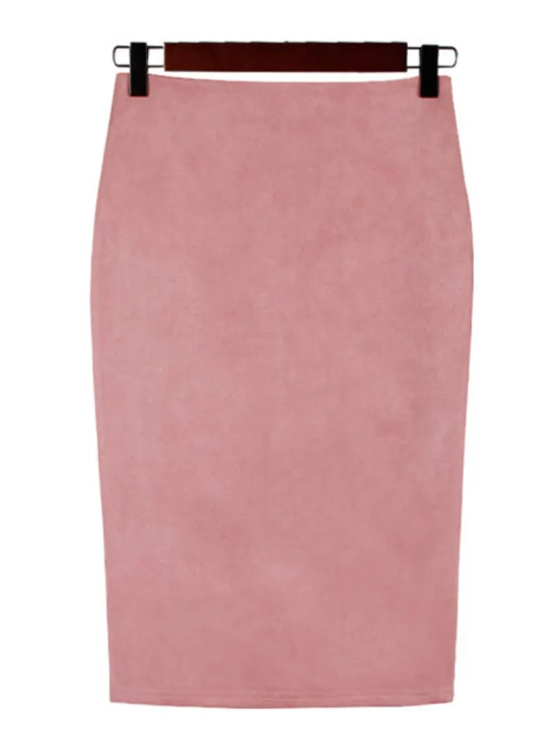 Suede Midi Pencil Elastic High Waist Skirt