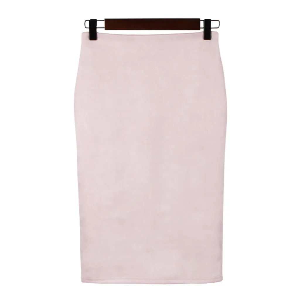 Suede Midi Pencil Elastic High Waist Skirt